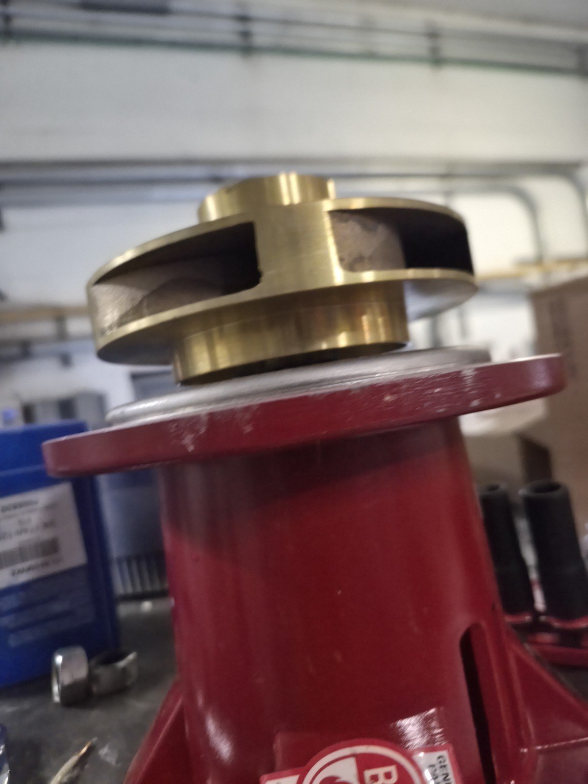 Brass impeller and pump assembly removed from the housing for service and inspection.