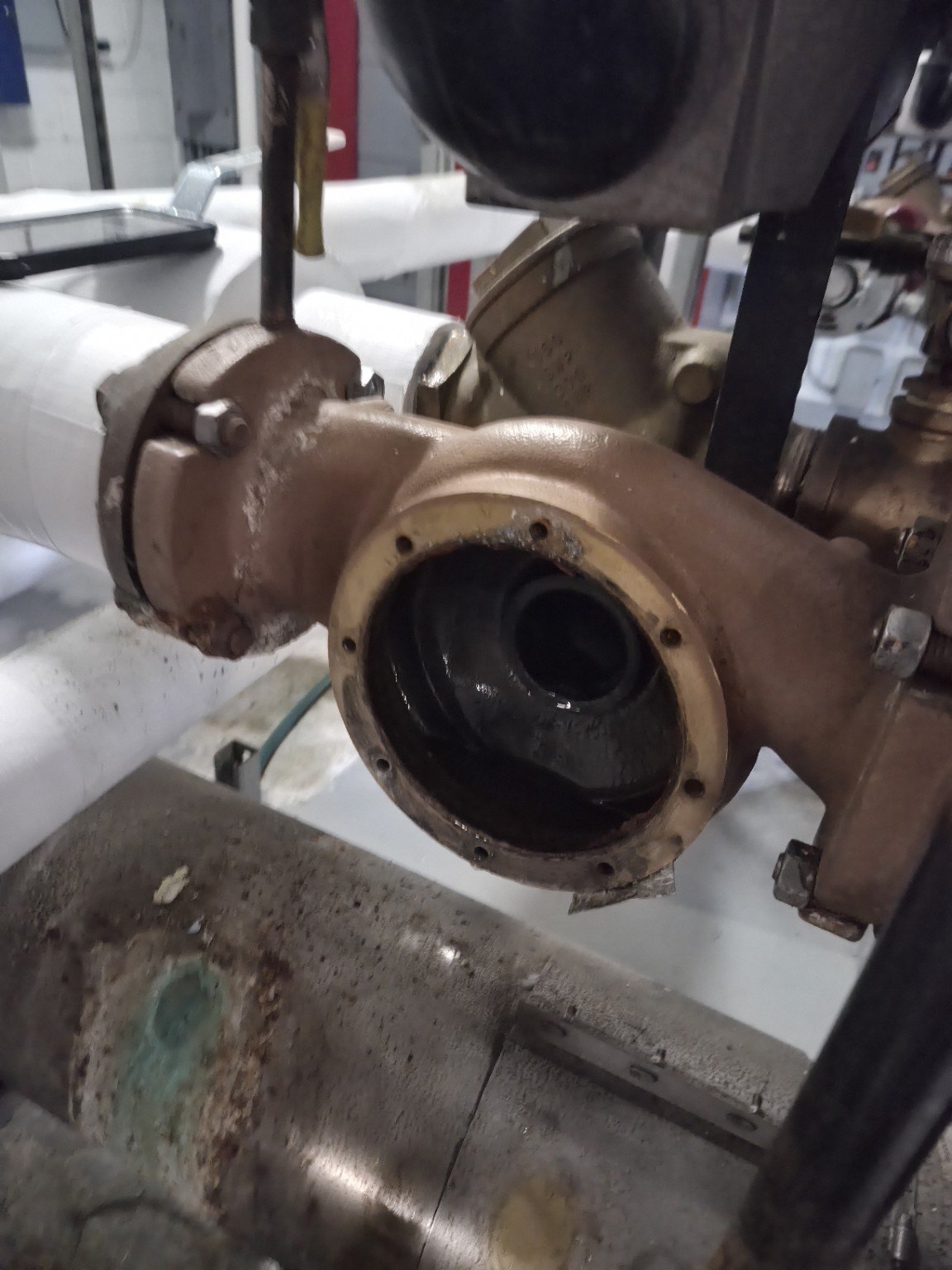 Installed pump casing with the rotating assembly removed, exposing the internal water passage.