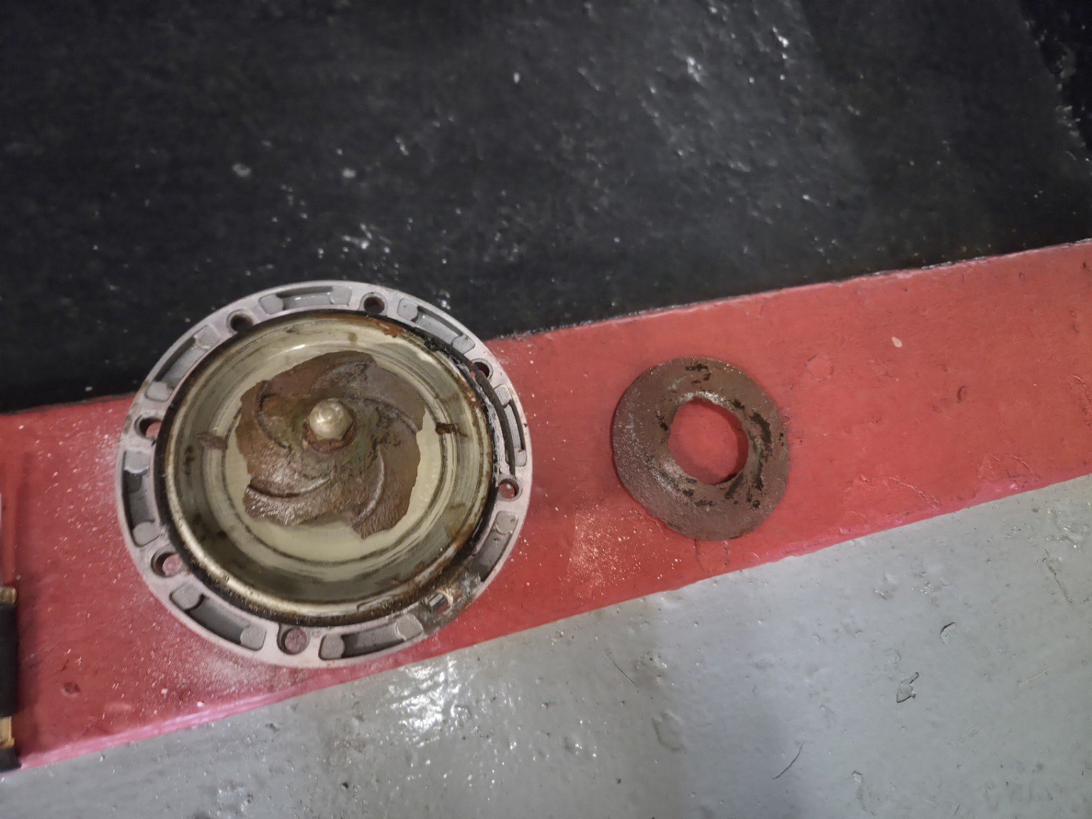 Removed pump components showing visible corrosion and deterioration during disassembly.